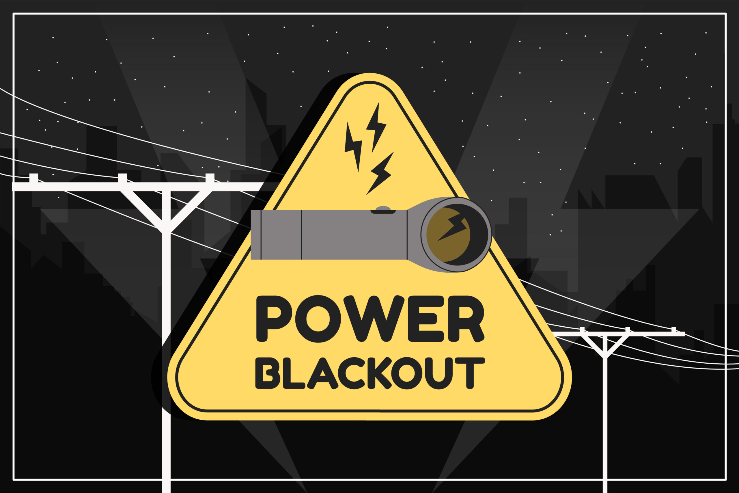 Sign power blackout and power poles in the background